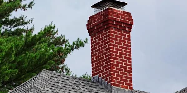 A brick chimney with a cap on a residential roof