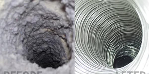 Before and after photo of a lint-clogged vs. clean dryer vent duct