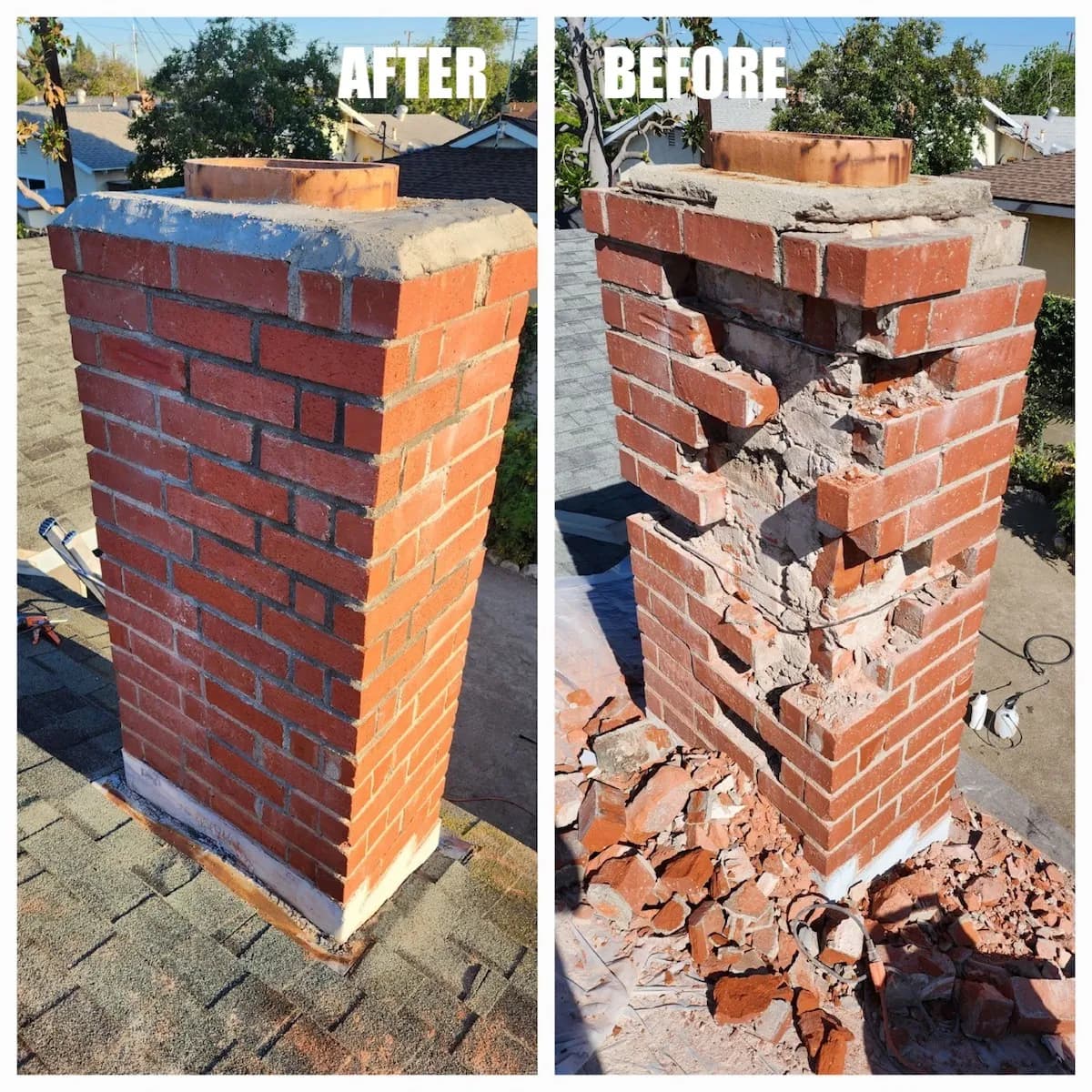 A chimney against a bright blue sky with clouds